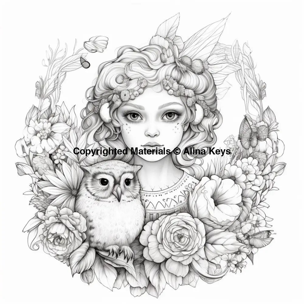 curly hair young girl with owl coloring pages