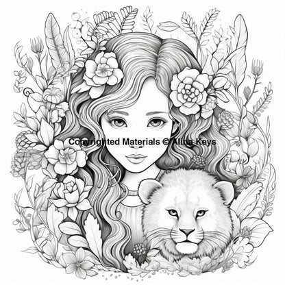 young girl with lion cub coloring pages