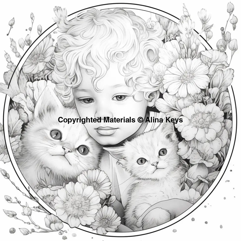 child with cute kittens coloring pages