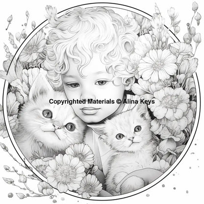 child with cute kittens coloring pages