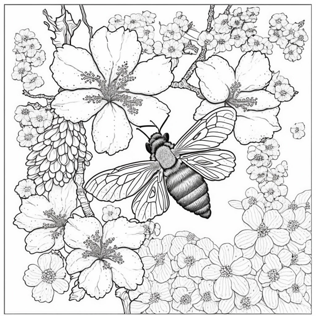 bee on cherry blossoms flowers coloring pages adults