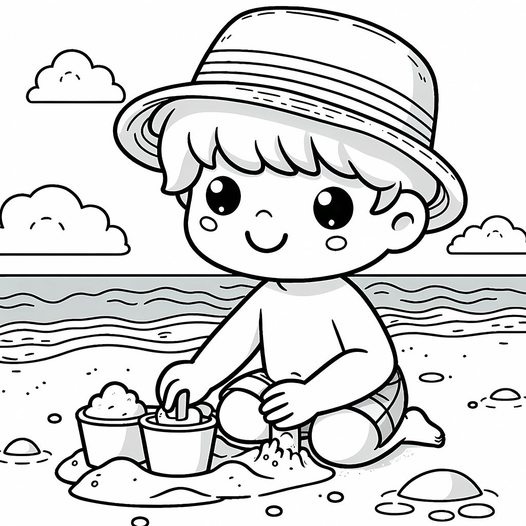 boy playing in sandy beach coloring pages