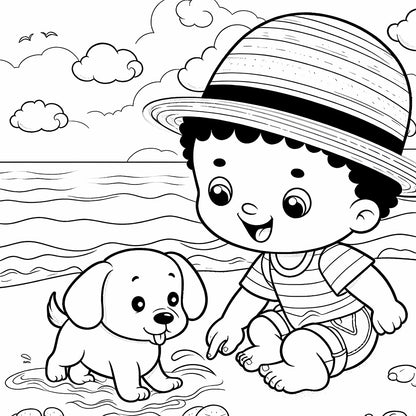 boy with puppy in summer beach coloring pages