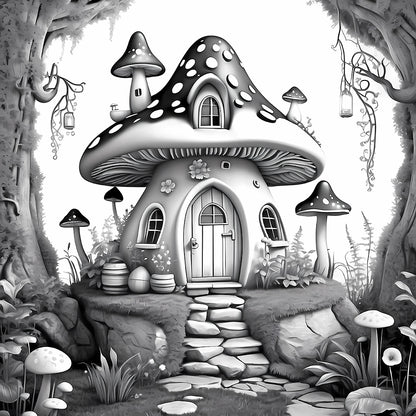 charming mushroom house coloring page