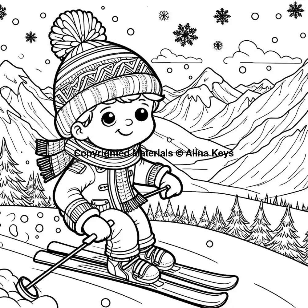 kids mountain snow skiing coloring pages