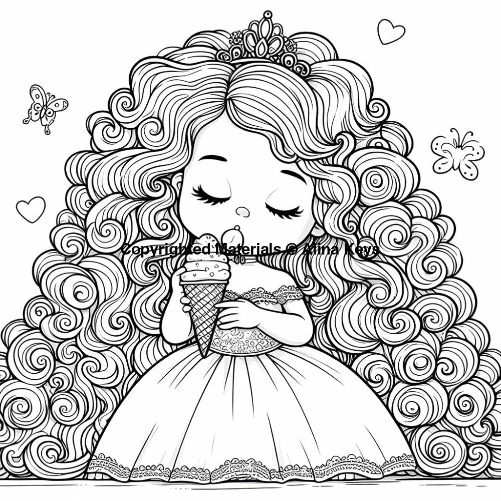 curly hair princess eating ice cream coloring image