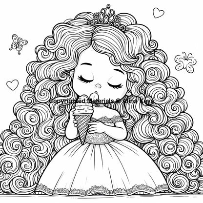 curly hair princess eating ice cream coloring image