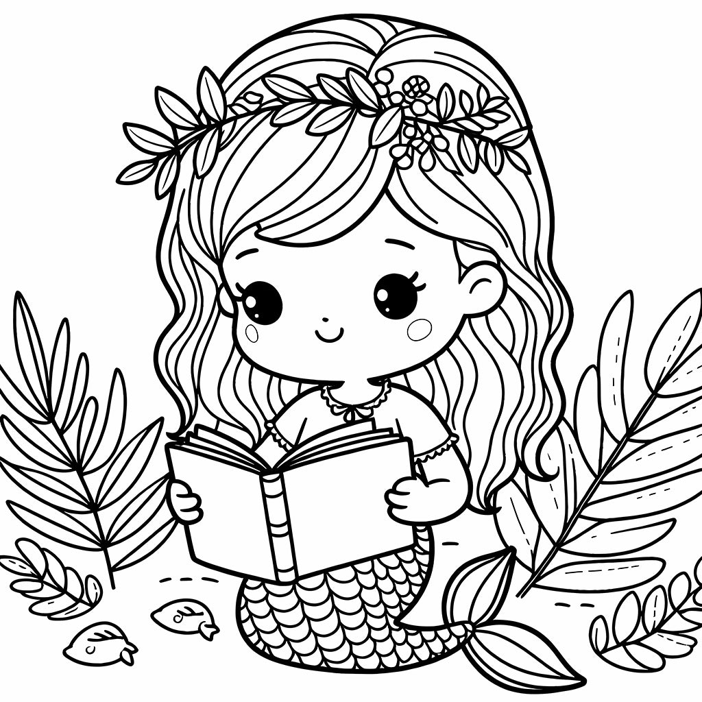cute mermaid reading book coloring pages