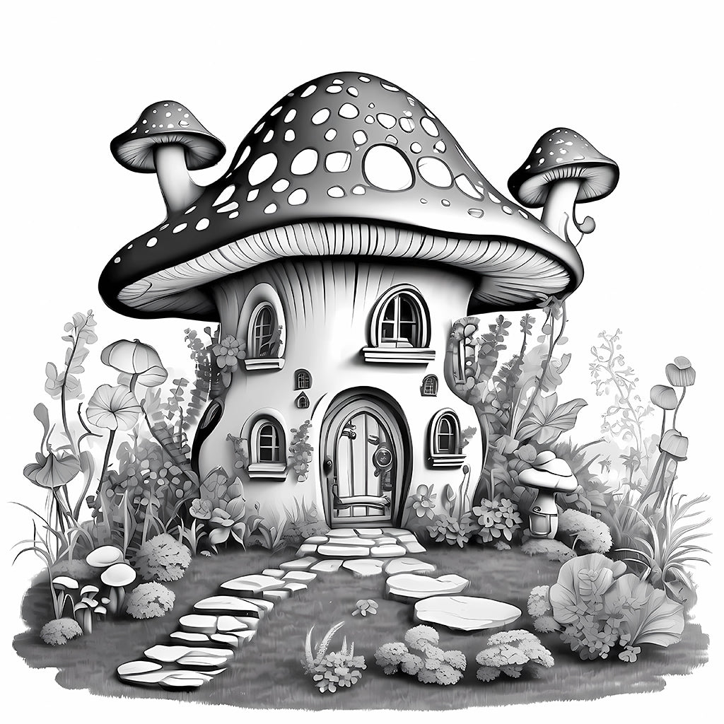 fantasy mushroom house coloring page