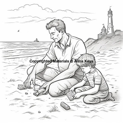 father son spending time on beach coloring page