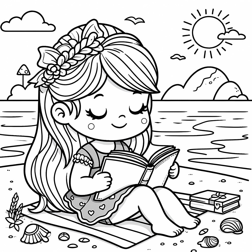 girl reading book in the summer beach coloring pages