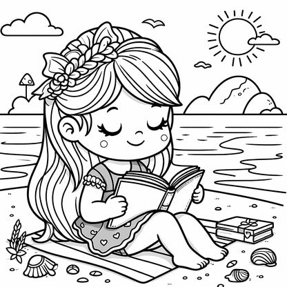 girl reading book in the summer beach coloring pages