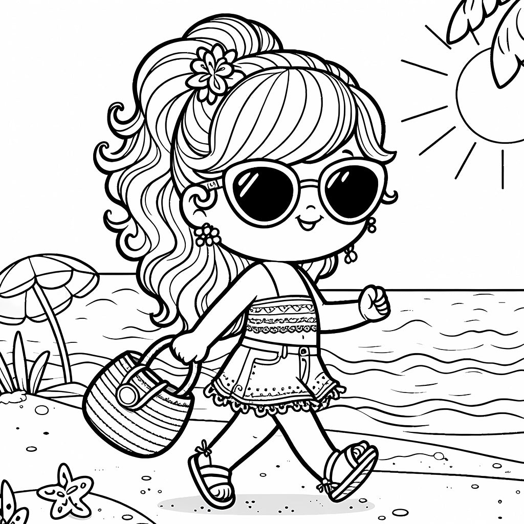 girl walking on summer beach coloring pages