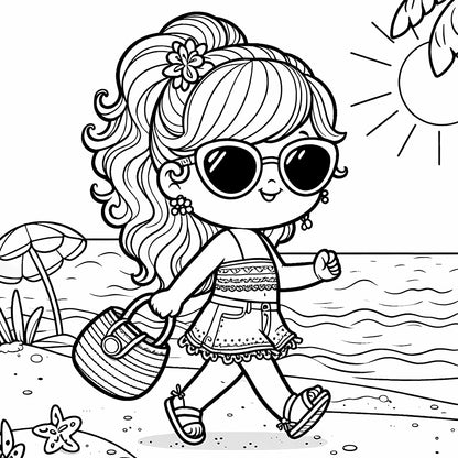 girl walking on summer beach coloring pages