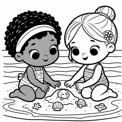 girls building sandcastle in beach coloring pages