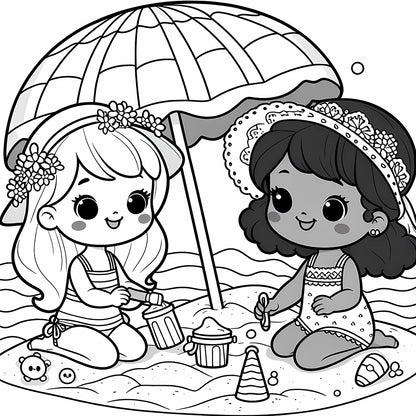 girls building sandcastle in beach coloring pages