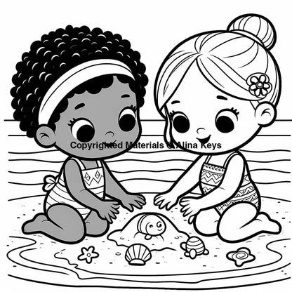 girls building sandcastle in beach coloring pages