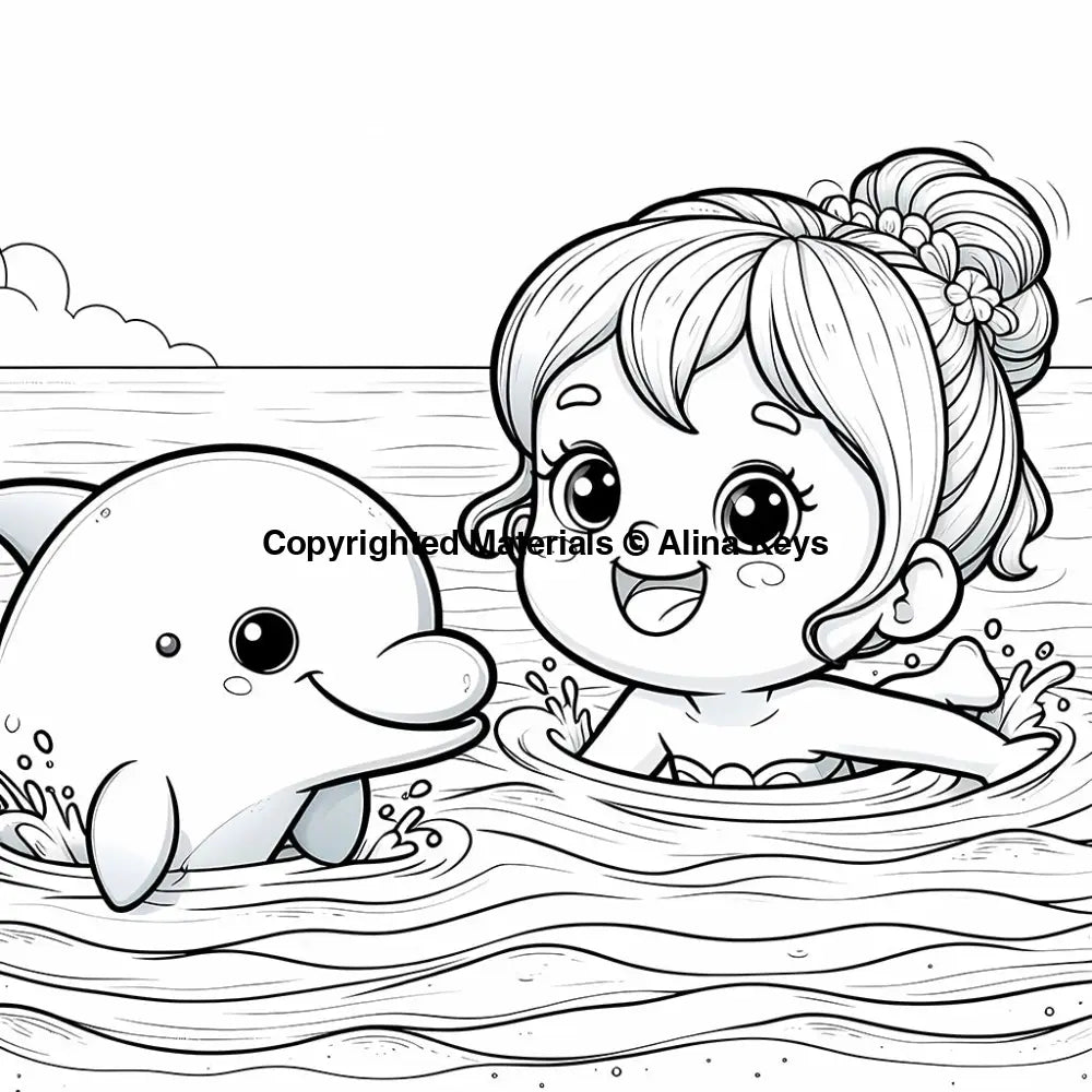 young girl swimming in the ocean alongside dolphin coloring page