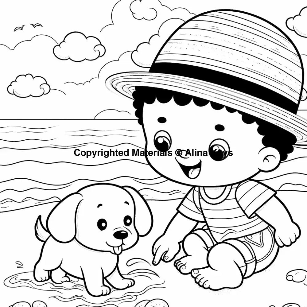 boy with puppy in summer beach coloring pages