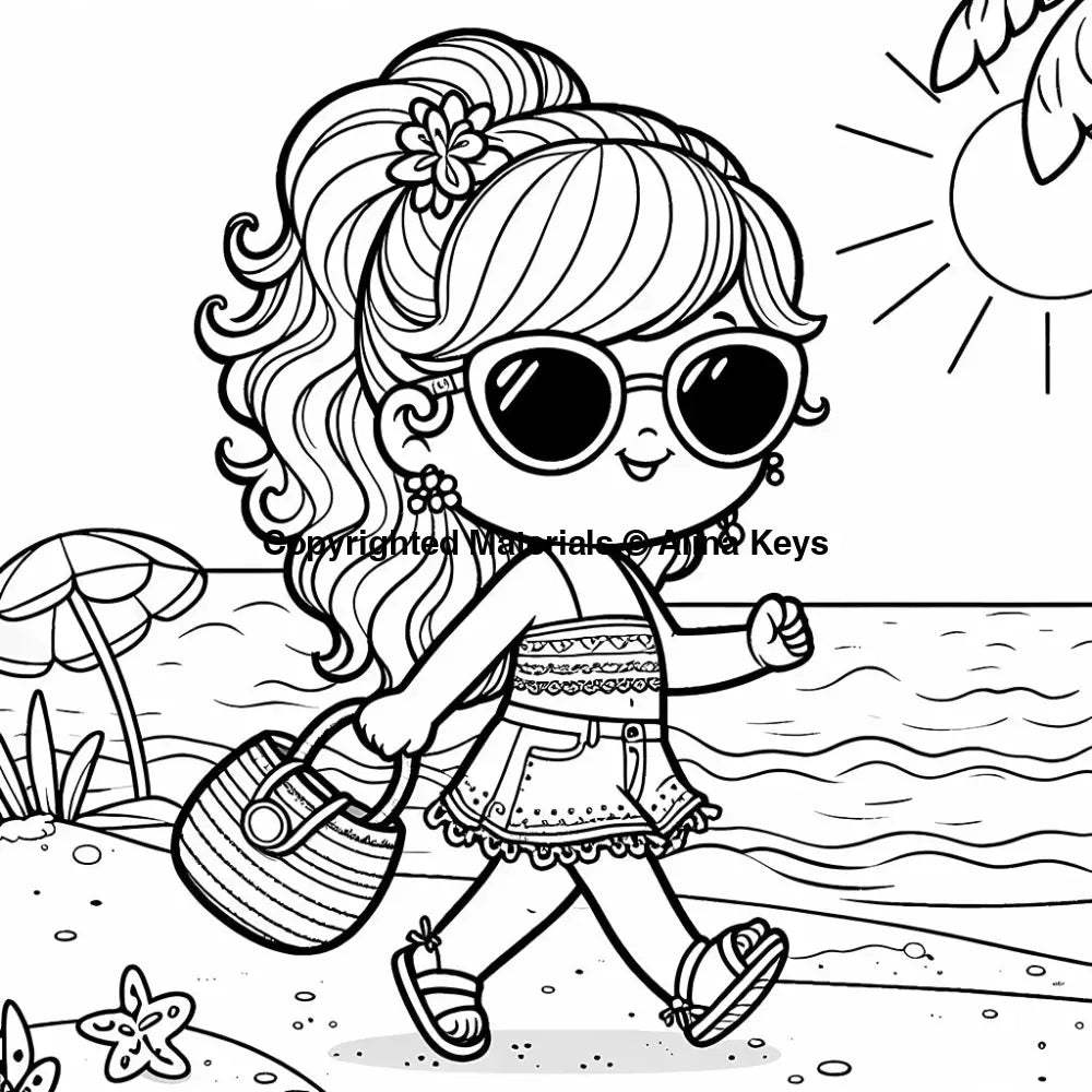 girl walking on summer beach coloring pages