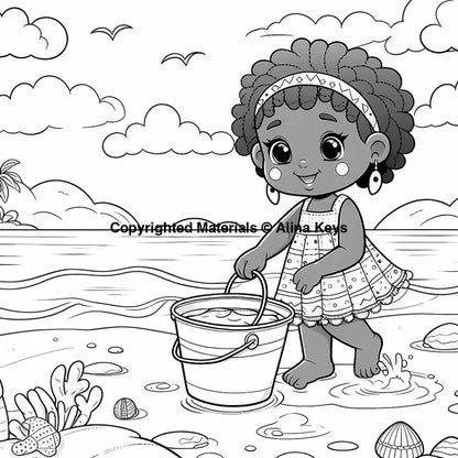 girl playing in the beach coloring page