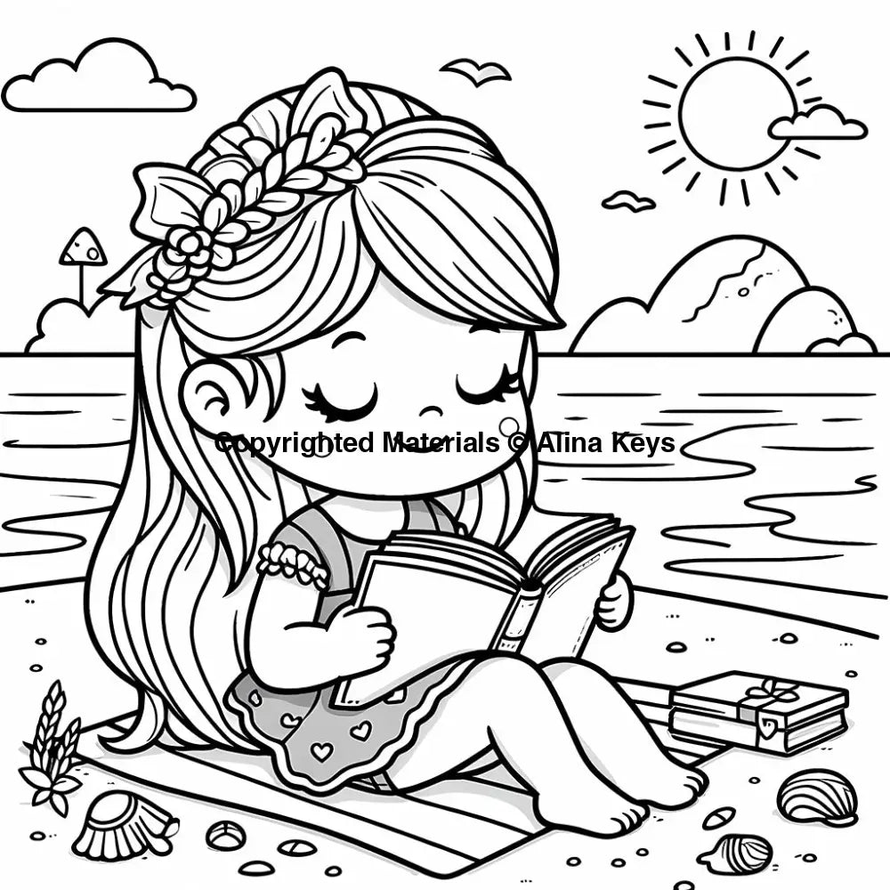 girl reading book in the summer beach coloring pages