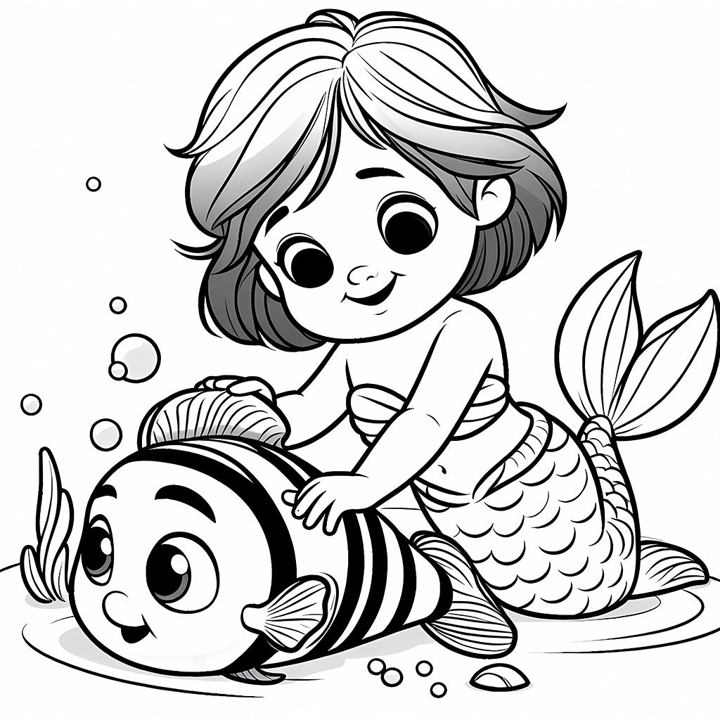 ocean mermaid with large fish coloring pages