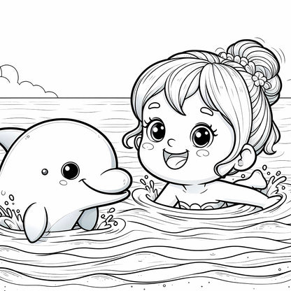 young girl swimming in the ocean alongside dolphin coloring page